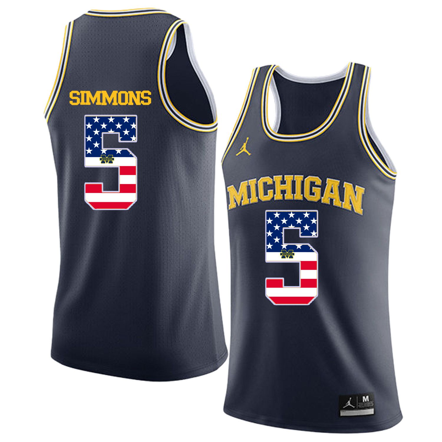 Men Jordan University of Michigan Basketball Navy #5 Simmons Flag Customized NCAA Jerseys->customized ncaa jersey->Custom Jersey